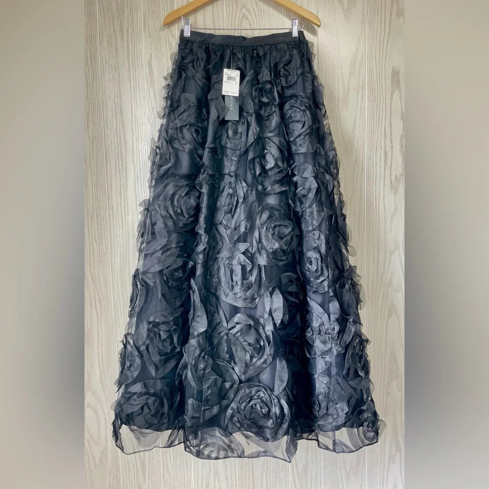 Black Aidan Maddox Faux Flower Maxi Skirt Size 8 NWT